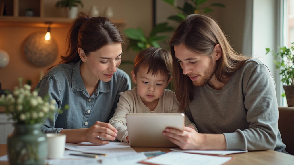 Familie die samen aan tafel hun budget bespreken met papieren en tablet