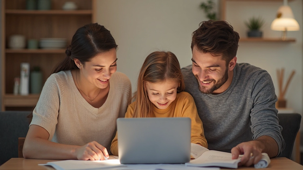 Gezin aan de keukentafel met financiële documenten en laptop voor budgetplanning