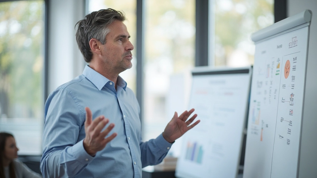 Professioneel persoon die financiële planning onderricht in workshop setting