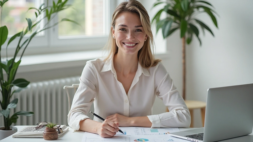 Succesvol persoon die glimlacht terwijl hij financiële doelen bereikt met goed georganiseerde administratie